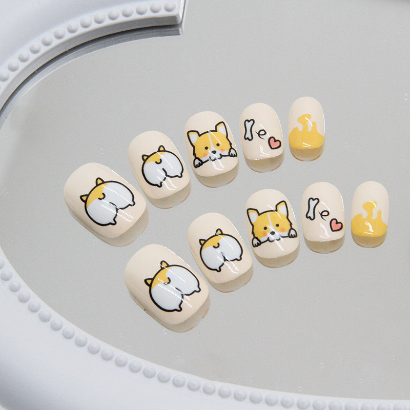 น่ารัก Corgi Puppy เล็บปลอมถอดชิ้นส่วน Love Nails สวมใส่เล็บ Patch เด็กเล็บปลอม