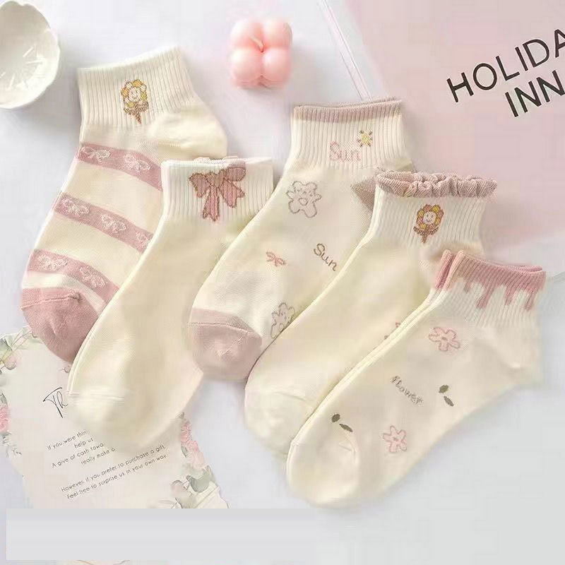 HOME818 ถุงเท้าข้อสั้น 5สี/10คู่ สีพาสเทล ถุงเท้าแฟชั่น เนื้อผ้านุ่ม พร้อมส่ง