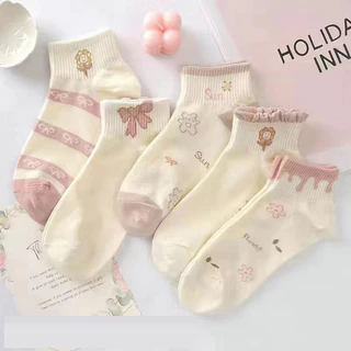 HOME818 ถุงเท้าข้อสั้น 5สี/10คู่ สีพาสเทล ถุงเท้าแฟชั่น เนื้อผ้านุ่ม พร้อมส่ง
