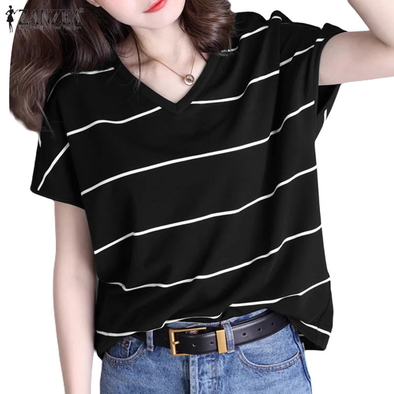 ZANZEA ซานเซีย ผู้หญิงเกาหลีลําลองคอวีแขนสั้นลายหลวมเสื้อยืด