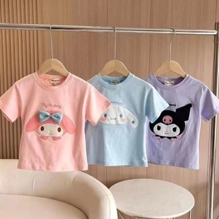 2024 Kawaii เสื้อยืด Kuromi Cinnamoroll สาว My Melody เด็กแขนสั้นอะนิเมะการ์ตูนฤดูร้อนเด็กสบายๆเสื้อผ้า Top