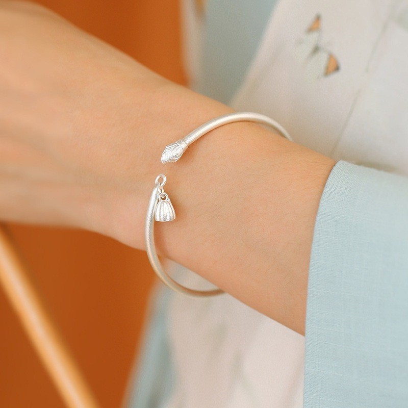 S925 Silver Lotus Lotus Pod Bracelet Female Simple Opening Adjustable Plain Ring
