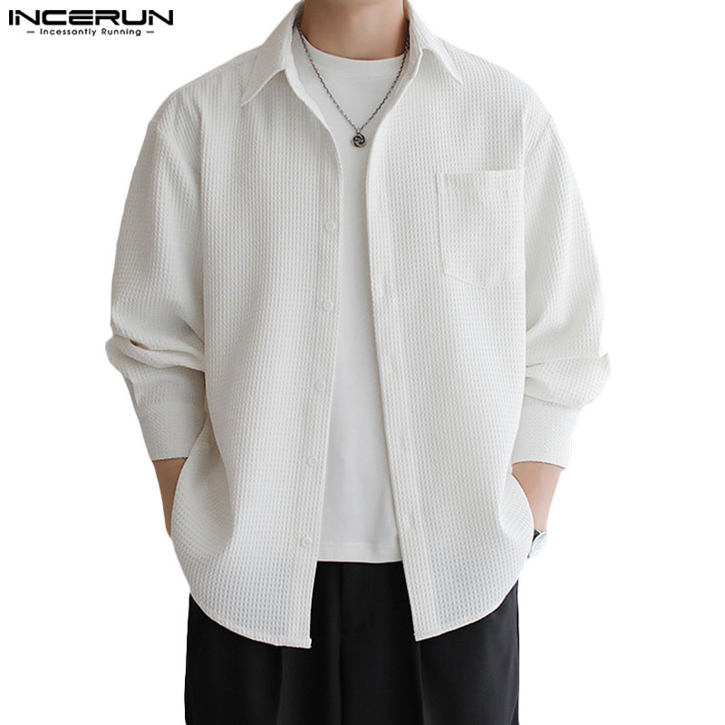 ไม่แน่นอน ผู้ชายเกาหลีลําลองวาฟเฟิลแขนยาวสีทึบเสื้อหลวม