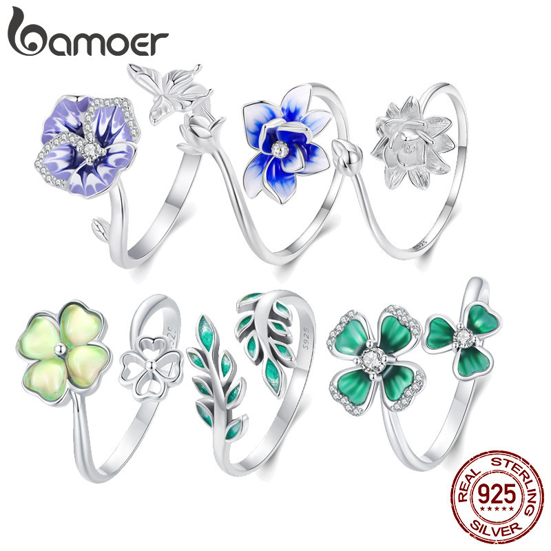 Bamoer 925 เงินสเตอร์ลิงดอกไม้แหวน Lotus Four-leaf Clover แฟชั่นผู้หญิงหญิงอุปกรณ์เสริมของขวัญวันเกิด BSR451