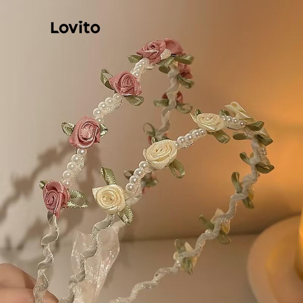 Lovito ที่คาดผมผู้หญิง แต่งผ้าไหมรูปกุหลาบ ประดับไข่มุก แนวฝรั่งเศสย้อนยุค สไตล์หรูหรา LFA14489
