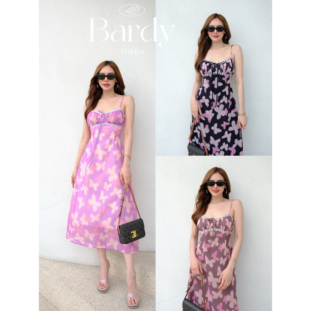 Bardy Dress - เดรสสายเดี่ยวดีเทลแน่น ทรงอกจับจีบแต่งร้อยสายผูกโบว์โทน thitiya