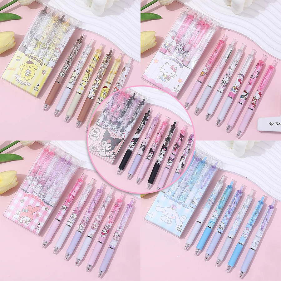 6 ชิ้น/เซ็ต Sanrio Series ปากกาเจล 0.5 มม.รีฟิล Kuromi Cinnamoroll Hello Kitty Melody การ์ตูนกดปากกาสีดําเครื่องเขียนอุปกรณ์
