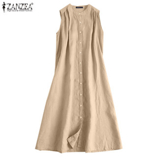 ZANZEA ซานเซีย ชุดเดรสปุ่มหลวมคอกลมแขนกุดแฟชั่นเกาหลีสําหรับ…