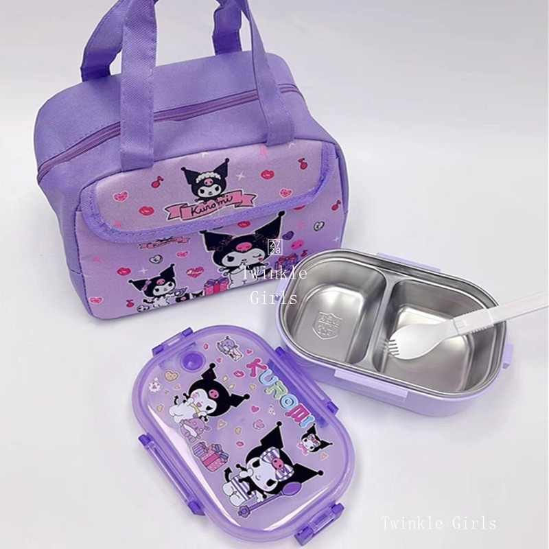 ช้อนฟรีน่ารัก 1000ml Kuromi Cinnamoroll 304 กล่องอาหารกลางวันสแตนเลส 2 ช่อง Hello Kitty Melody Bento กล่องบนโต๊ะอาหาร
