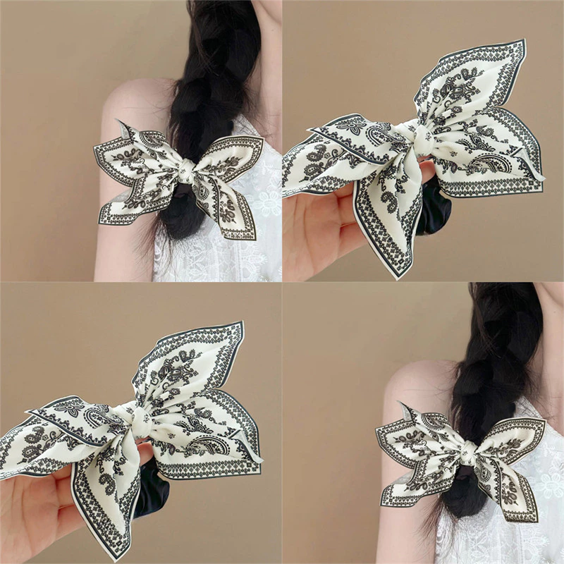 สาวหวานดอกไม้พิมพ์ Bowknot Hair Ties ริบบิ้น Scrunchies Headwear เครื่องประดับผม