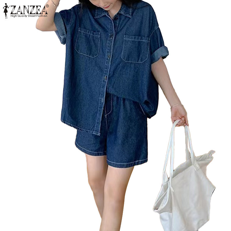 ZANZEA ซานเซีย ชุดหลวมแขนสั้นคอปกแฟชั่นสตรี