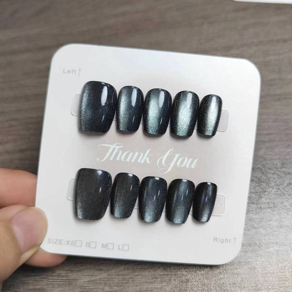 10pcs Cat Eye Handmade กดบนเล็บเล็บปลอมพร้อมสติกเกอร์กาว M078