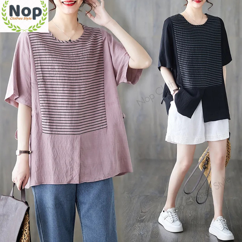Nop | ผ้าไหมน้ําแข็งผ้าฝ้ายผ้าลินินขนาดบวกเสื้อยืดผู้หญิงเวอร์ชั่นเกาหลีสบายๆสไตล์ใหม่หลวมลายเย็บแฟชั่นด้านบน – โปรปัง