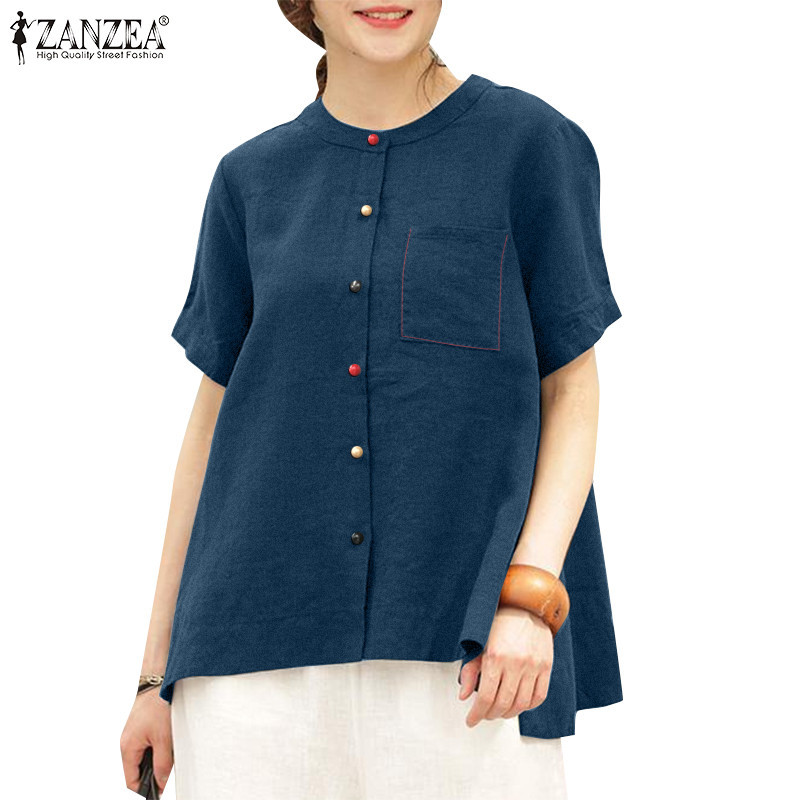 Zanzea เสื้อเบลาส์คอกลมแขนสั้นลําลองเกาหลีสําหรับผู้หญิง