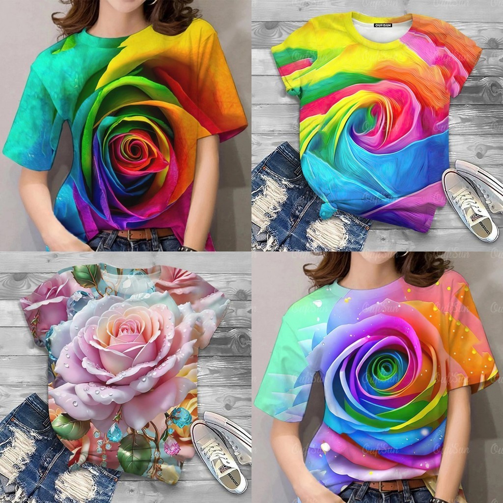2567เสื้อยืดผู้หญิง เสื้อยืดแขนสั้นพิมพ์ลายสายรุ้ง 3ง ใหม่เสื้อลําลองและสะดวกสบายเสื้อผ้าท็อปส์
