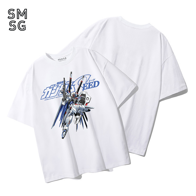 ใหม่ Attitude ฟรีกันดั้มพิมพ์ GUNDAM เสื้อยืดผู้ชายอินเทรนด์ผ้าฝ้ายแท้ลําลองรอบคอเสื้อแขนสั้น