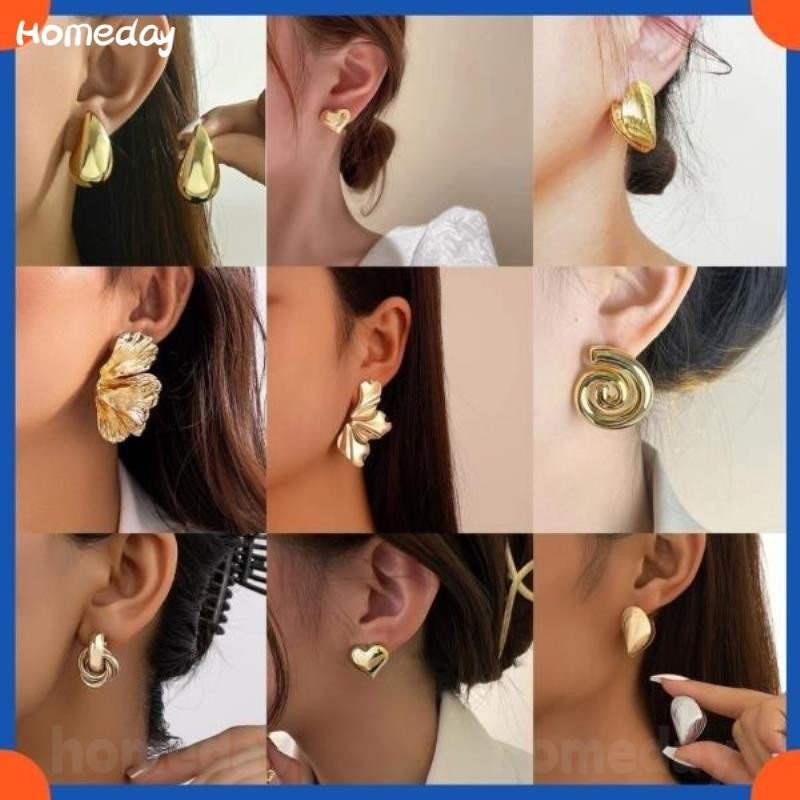 Vintange Dangle Hoop ต่างหูเกาหลีอินเทรนด์หู Studs เครื่องประดับอุปกรณ์เสริมโลหะรูปไข่ Textured Retro Commuting Earings