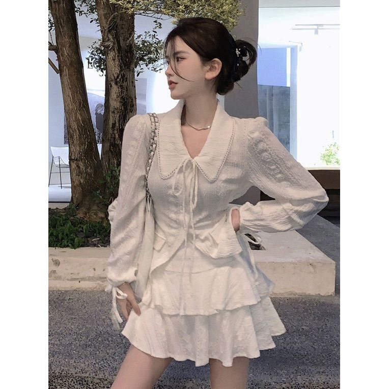 N-Yoda เวอร์ชั่นเกาหลีเสื้อคอปกด้านบน + กระโปรงเค้กสองชิ้น