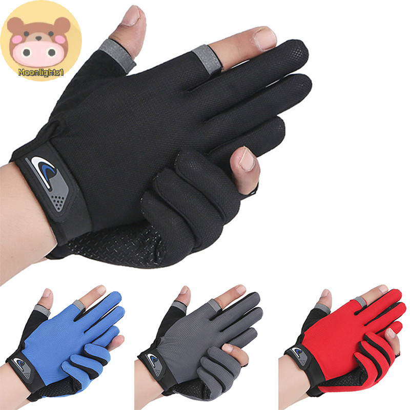 Moonlights1 ฤดูร้อนผู้ชายถุงมือตกปลาผู้หญิงสองนิ้วตัดชายหน้าจอสัมผัส Angling Anti-Slip Sun-Proof Breathable ขี่จักรยานฟิตเนสถุงมือ EN