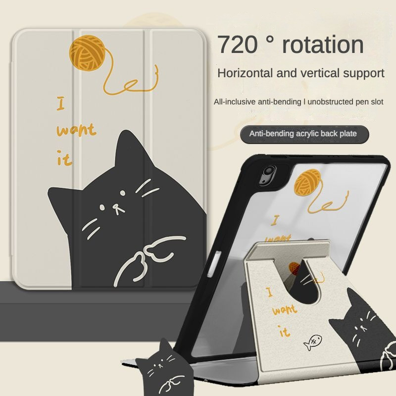 เคส Ipad 360 ° Rotationcreative บุคลิกภาพแมวดําเหมาะสําหรับอะคริลิค iPad Air6 Gen7/8/9 10.2 Gen5/6 9.7 Air4 Air5 10.9 Pro11 Gen10 Triple พับฝาครอบ iPad
