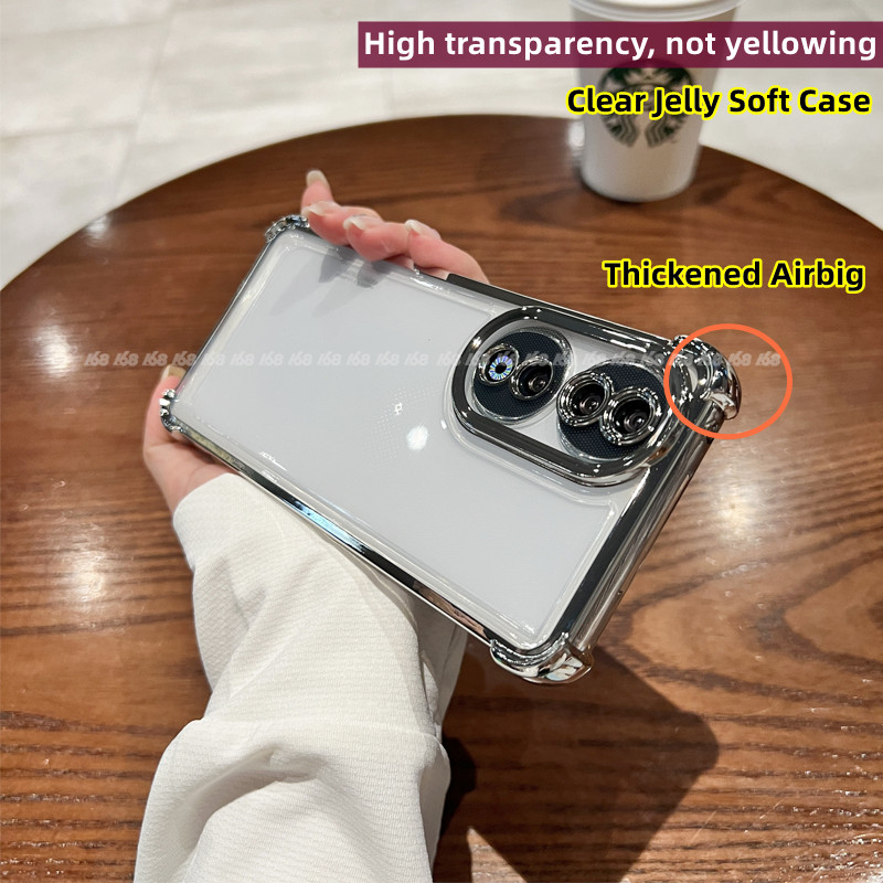 เคส Honor 90 5G เคสใสเยลลี่นุ่มกันกระแทกพร้อมกล้องเลนส์ป้องกันเคสโทรศัพท์หนาถุงลมนิรภัยหรูหราโปร่งใสขอบไฟฟ้า