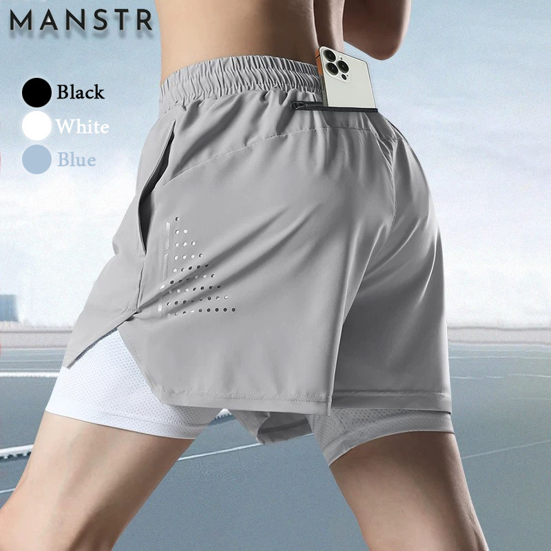MANSTR M-5xl คุณภาพ Dir Fit กางเกงออกกําลังกายสําหรับผู้ชายและผู้หญิง 2 in 1 การออกกําลังกายสั้นวิ่งขี่จักรยานกางเกงกีฬาตาข่ายกางเกงขาสั้นสองชั้นกางเกงสีดํา/สีเทา/สีฟ้า