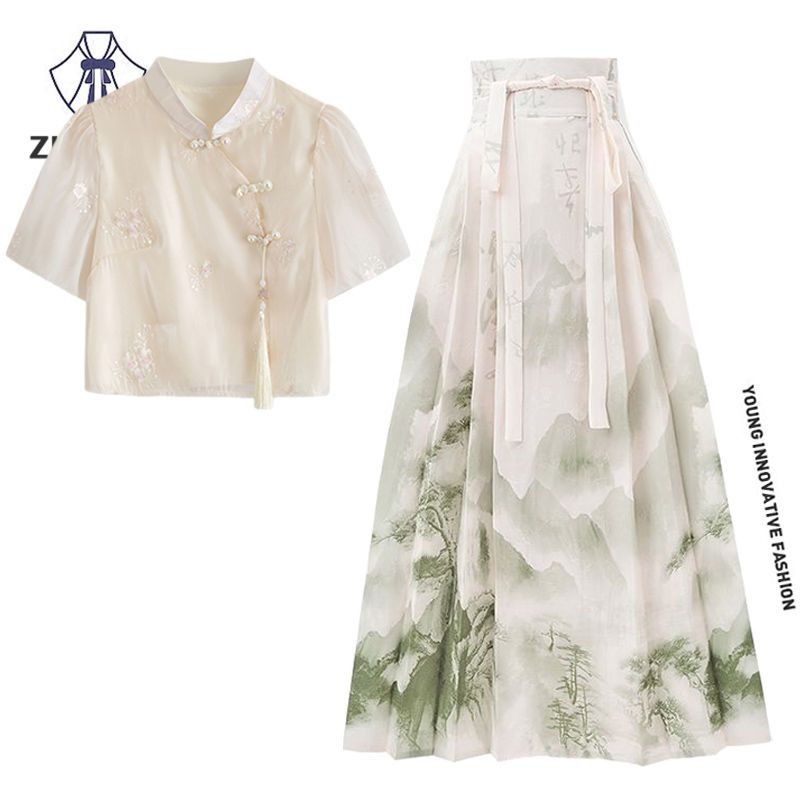 Zi Suyu ฤดูร้อน 2024 สไตล์ใหม่เพลง Made Hanfu ใหม่สไตล์จีน Cool สไตล์ Top Horse Face กระโปรงชุด Zen 
