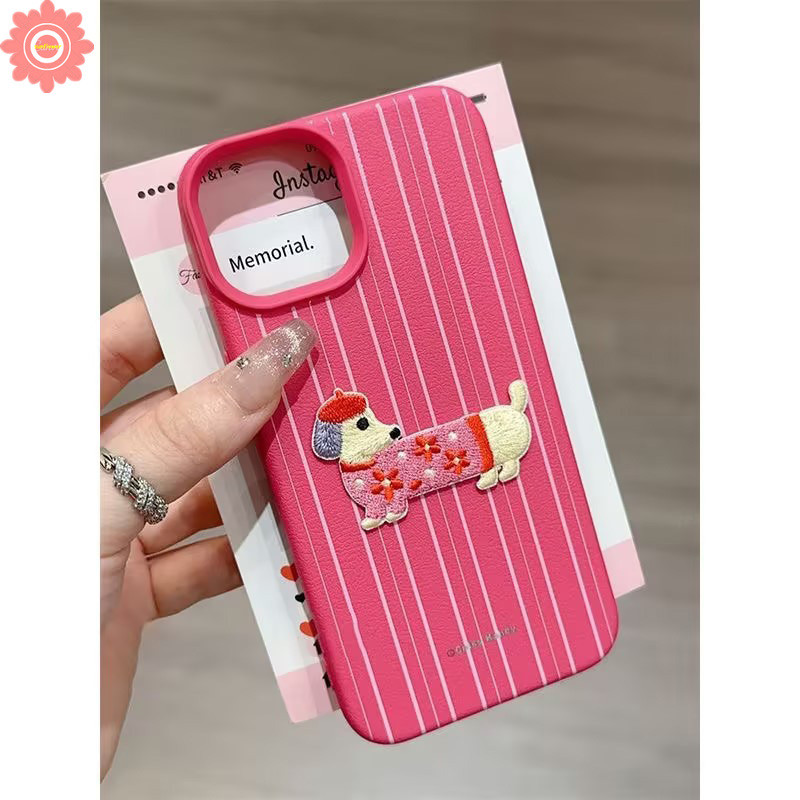 หรูหราผิวรู้สึกหนังกรณีสําหรับ IPhone 13 15 16 11 14 12 Pro Max 16 14 15 Plus XR X XS Max แฟชั่นการ์ตูน Rsrd Stripe Puppy Soft Case