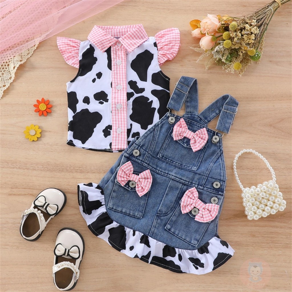 Laa6-little Girl Summer Cow Print Flying Sleeve Lapel Button Tops with Ruffled Denim Overalls Skirt 