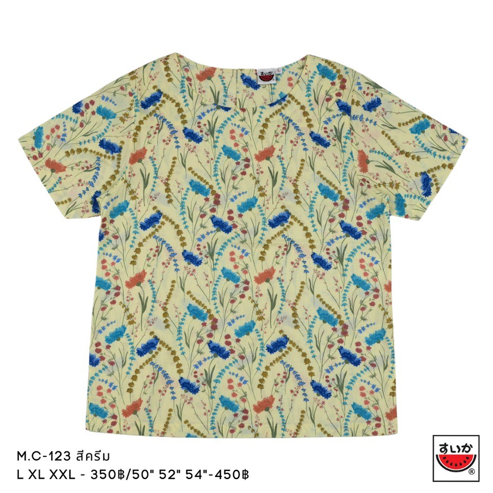เสื้อแตงโม (SUIKA) - เสื้อผ้าป่านมัสลิน คอปาดกระดุมหลัง 3 เม็ด แขนสั้น ลายพิมพ์ (M.C-124)