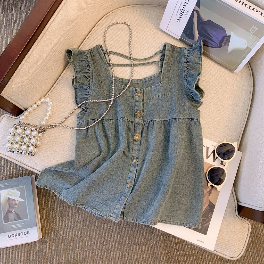 South Korea New Design Sense Denim Young Hot Girl Female Sweet Summer Niche Loose ShirtchjGVest Flying Sleeve L4X3