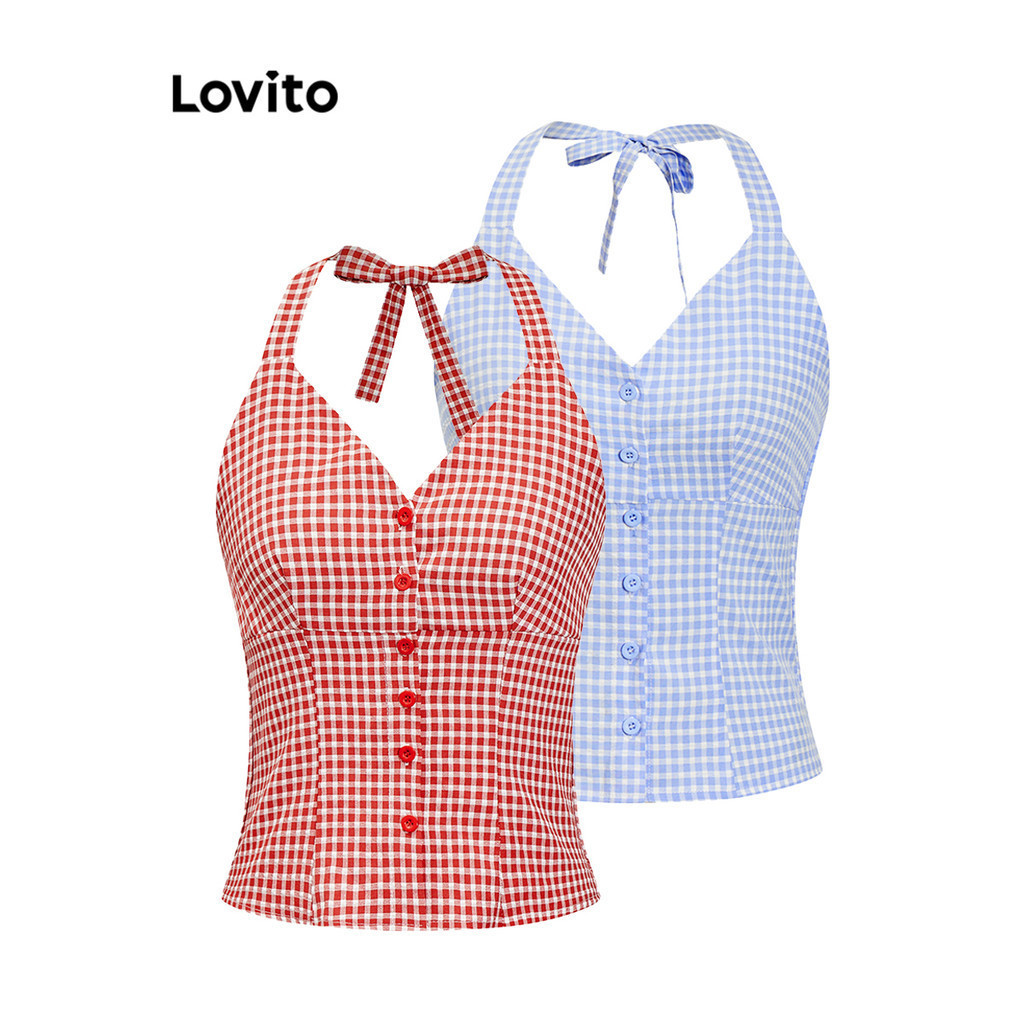 ซื้อ Lovito เสื้อคล้องคอผู้หญิง กระดุมหน้า ลายตาราง สไตล์ลำลอง L85AD203(หลากสี)