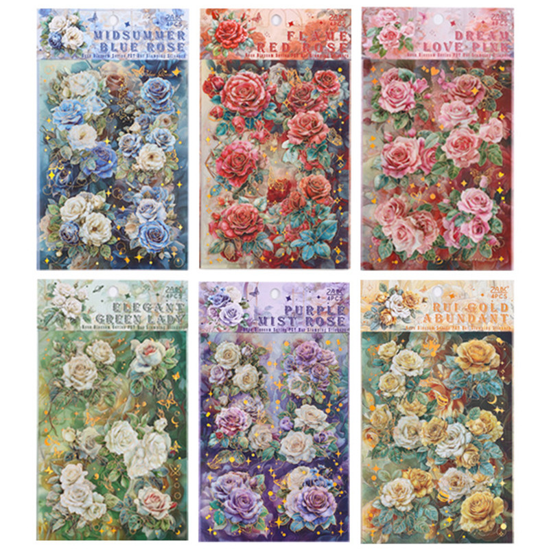 4 แผ่น Bronzing Rose ดอกไม้สติกเกอร์สมุดภาพ Journal Decor DIY วัสดุดอกไม้รูปแบบสติกเกอร์