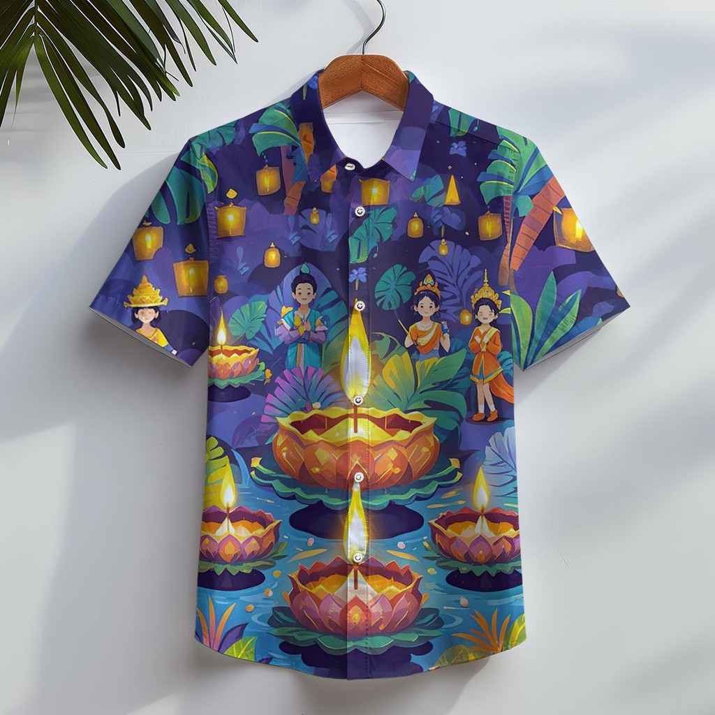 2568เสื้อธีมลอยกระทงรูปแบบ 3Dผ่อนปรนเสื้อยืดพิเศษสำหรับเทศกาลแขนสั้นสบายและระบายอากาศ ความกตัญญู การอธิษฐาน และการทำให้บริสุทธิ์