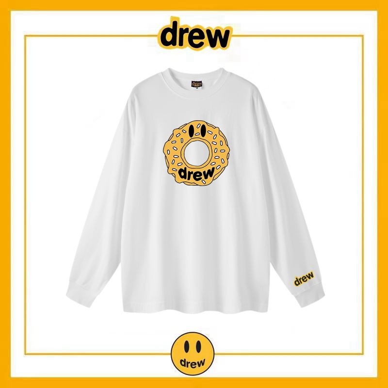 Drow ยิ้ม Doughnut เสื้อยืดแขนยาวอเมริกันแบรนด์อินเทรนด์ Bieber สไตล์เดียวกันหลวม High Street FOG คู่ผ้าฝ้ายแท้ด้านบน