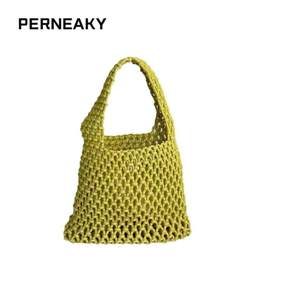 PERNEAKY กระเป๋าถือถัก, กระเป๋าสะพายไหล่เดียวทอกลวงออกแฮนด์เมด, เชือกฝ้ายบุคลิกภาพความจุขนาดใหญ่กระเป๋าแม่สีสันสดใสโรงเรียน