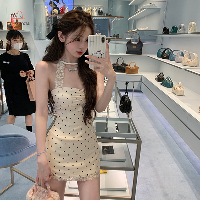 Shngki ผู้หญิงเซ็กซี่ Polka Dot ลูกไม้ Patchwork แขนกุดชุดราตรีชุดมินิ PQQ