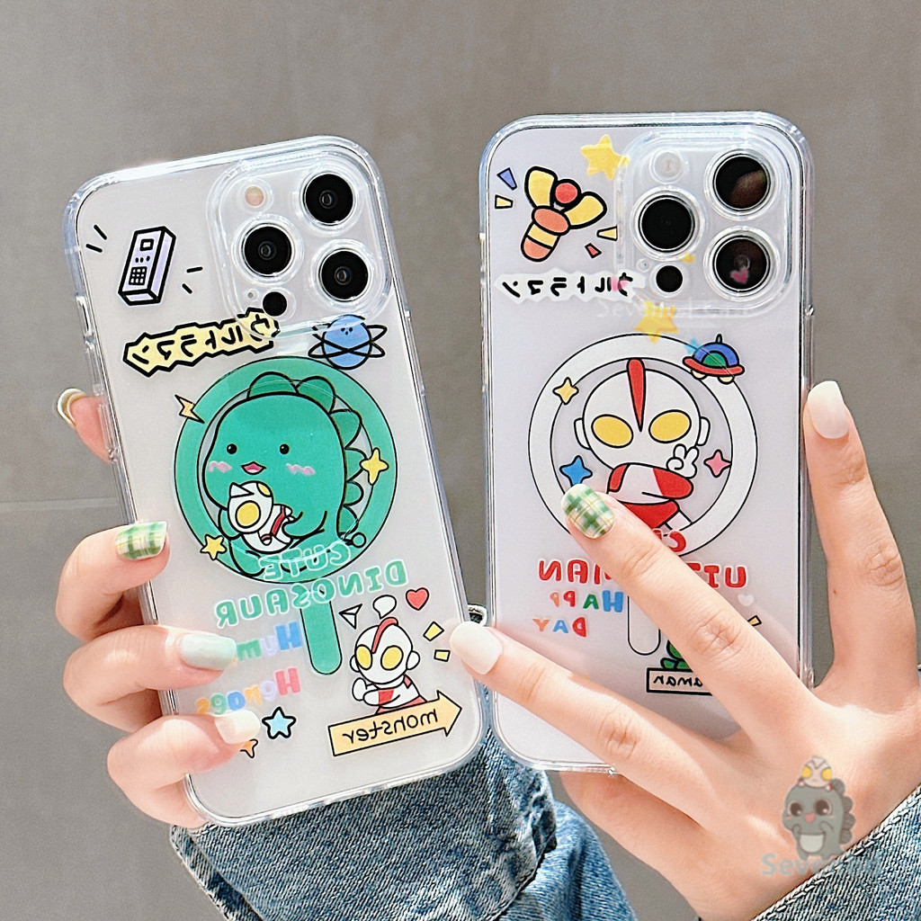 น่ารักการ์ตูนคู่อะนิเมะ Ultraman Monster ต่อสู้ตลกแม่เหล็กโปร่งใสเคสโทรศัพท์สําหรับ iPhone 11 12 13 14 15 Pro Xr X Xs Max 7 8 Plus แฟชั่นป้องกัน Soft TPU Cover