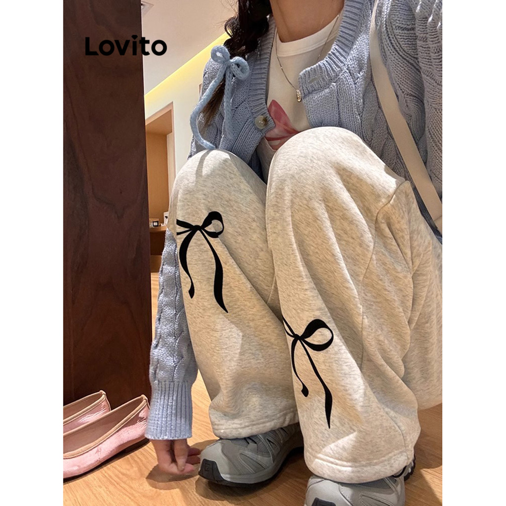 Lovito กางเกงโบว์ธรรมดาสำหรับผู้หญิง LNA75646