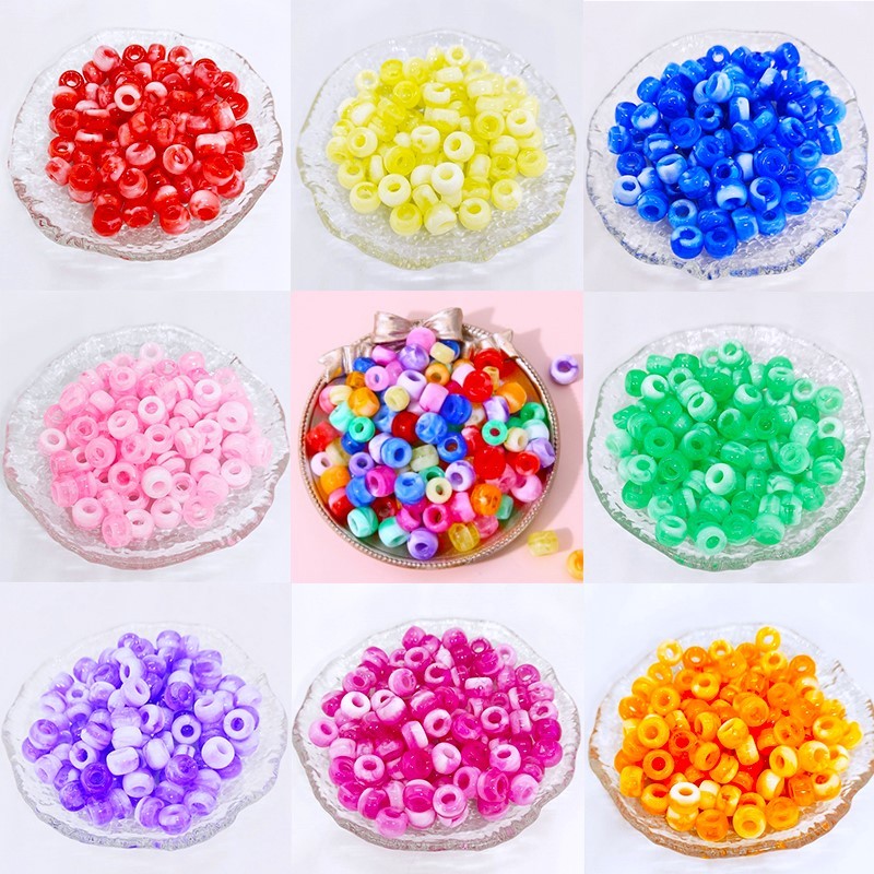 อะคริลิค 6*9 มม.ลูกปัด 50/100 ชิ้นพลาสติก Bicolor Charms ครีมสี Big Hole Pony สร้อยข้อมือลูกปัดผม Braid อุปกรณ์เสริมสําหรับทํา DIY เครื่องประดับ