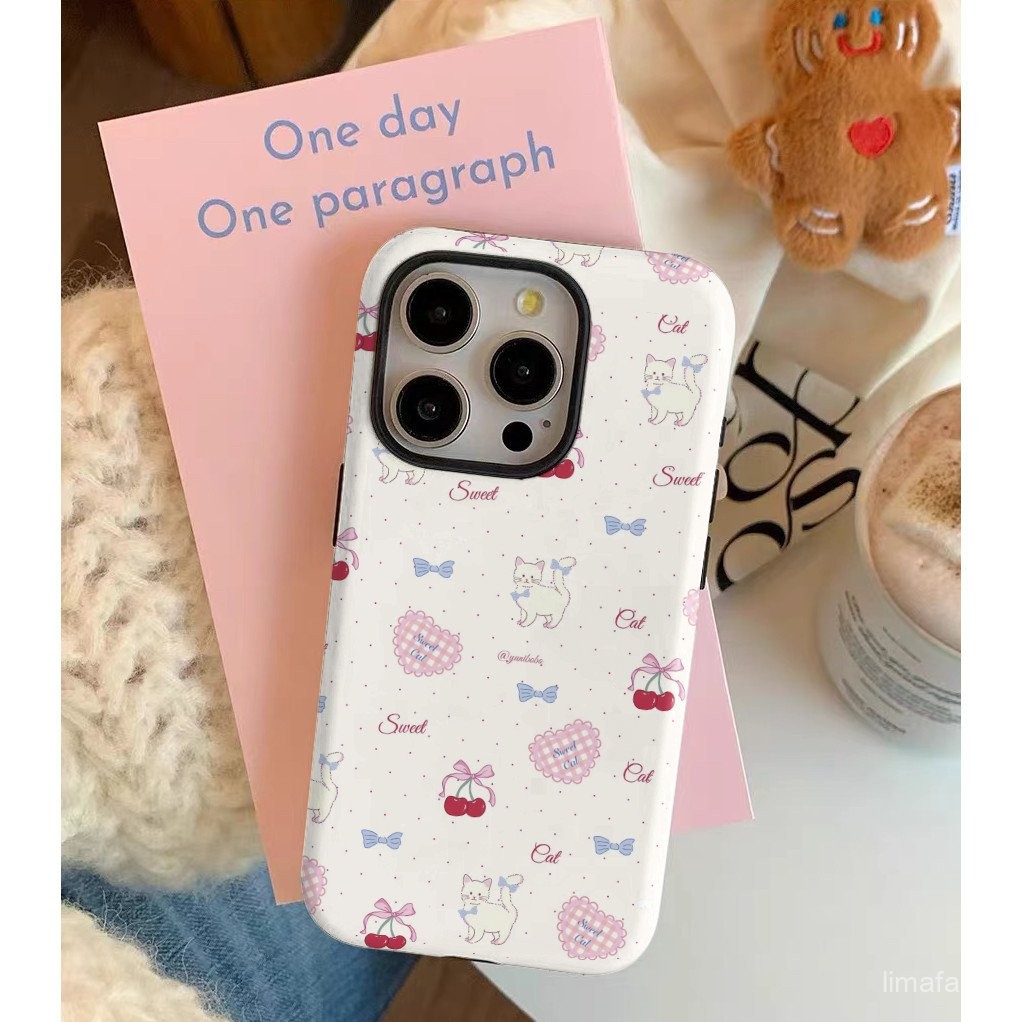 ทุกวันรักลูกแมวเชอร์รี่เคสโทรศัพท์สำหรับ iPhone 11 12PROMAX 13 14 PRO MAX 13pro 15PROMAX 8plus XS MAX 11PROMAX 2 in One เปลือกโทรศัพท์ด้านเคสแข็ง