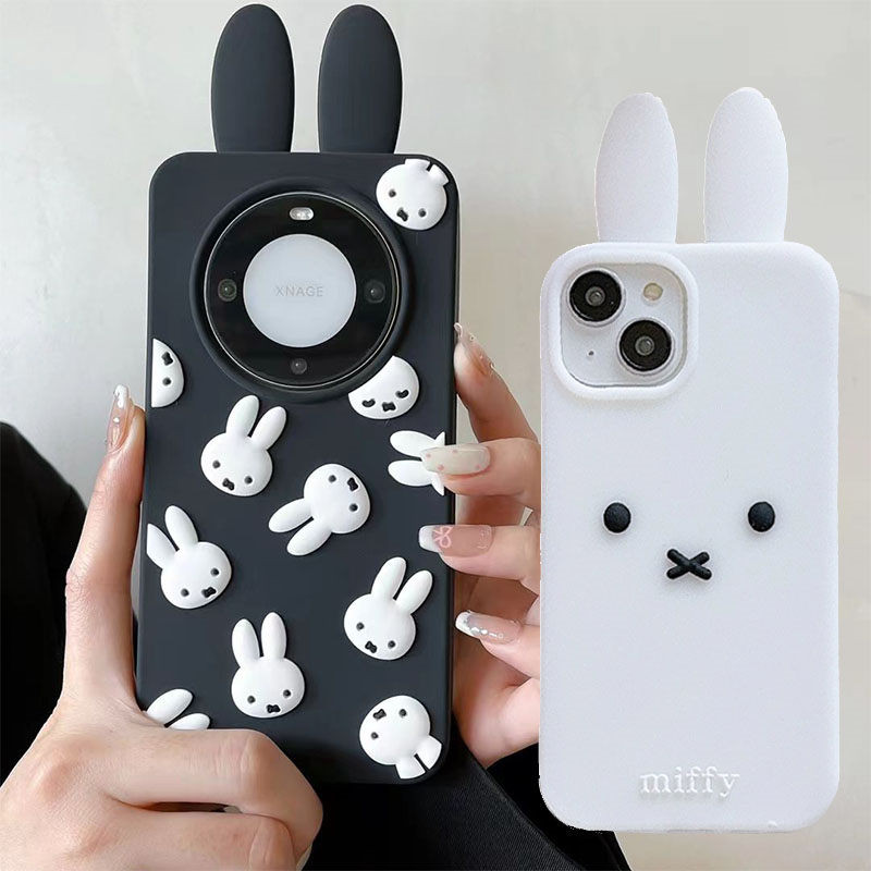 3D Cute Black White Miffy Rabbit Cover สําหรับ OPPO Reno12 Reno11 5G Reno 12 12Pro 11 11Pro 10 10Pro 8Z 7Z 9 9Pro 8 8Pro 7 6 5 4Z เคสมือถือ Soft TPU Case เคสป้องกัน กันกระแทก คสกันกระแทก เคสซิลิโคน เคสป้องกันสามมิติ
