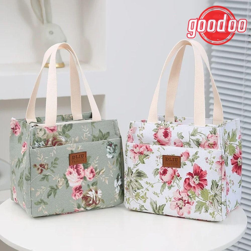 [GOODO] กระเป๋าฉนวนกันความร้อนแบบหนา, กระเป๋าใส่ข้าวกลางวันพิมพ์ลายดอกไม้ความจุขนาดใหญ่ความร้อน, กระเป๋าถือถุงอาหารกลางวันผู้หญิง
