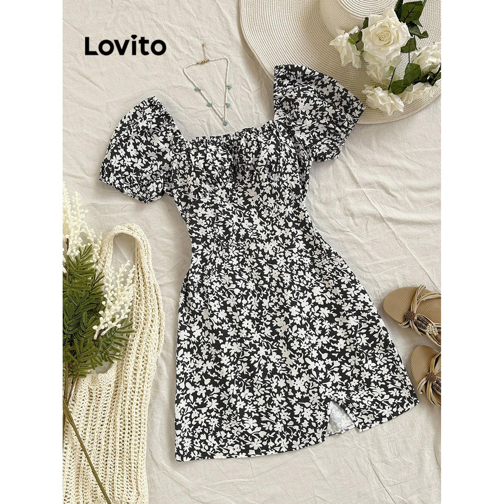 Lovito ชุดเดรสรัดรูปด้านหน้าลายดอกไม้ ดิทซี่ แบบสบาย ๆ สำหรับผู้หญิง L99ED960