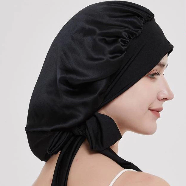 100% Mulberry Silk Sleep Cap ผู้หญิงผ้าไหม Night Bonnets Sleep Bonnets ดูแลเส้นผมริบบิ้นสไตล์การออกแบบใหม่สําหรับผมยาว