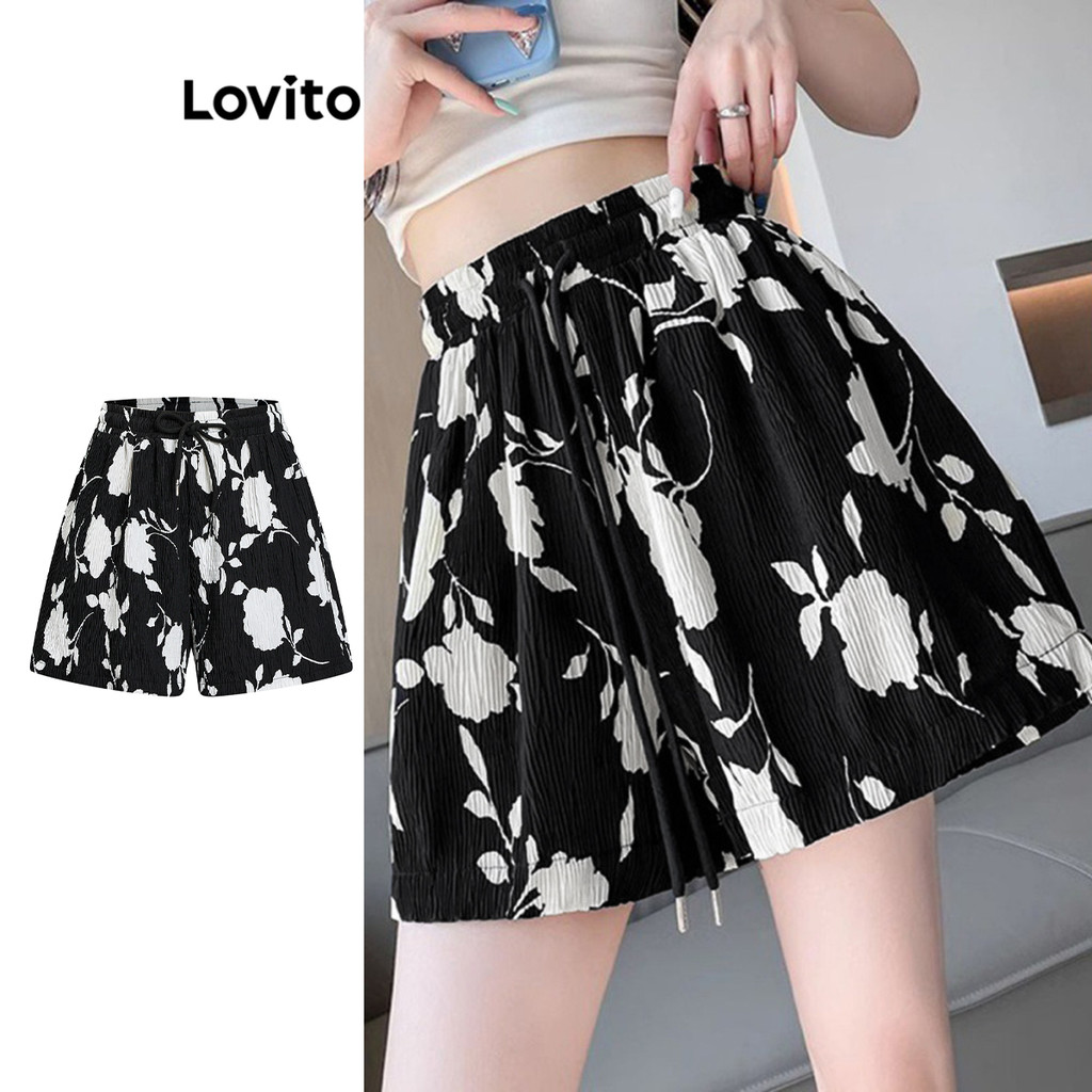Lovito เชือกรูดลายดอกไม้ โบฮีเมียนลายเดซี่ลายดอกไม้สั้นสำหรับผู้หญิง L100MD373