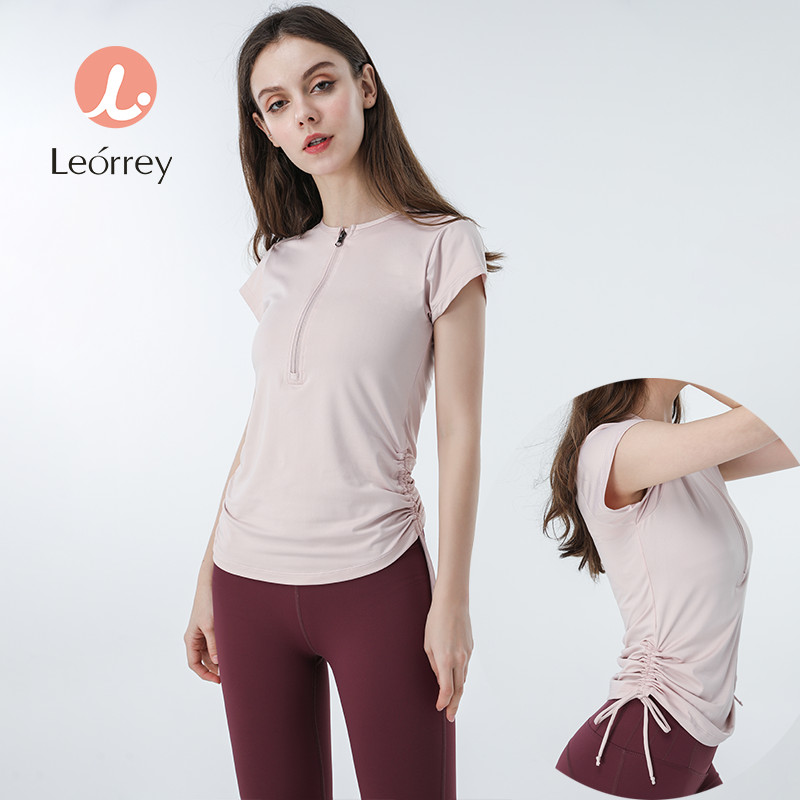 Leorrey-โยคะ แขนสั้นซิปออกกำลังกายเสื้อยืดออกกำลังกายท็อปส์ระบายอากาศวิ่งโยคะ