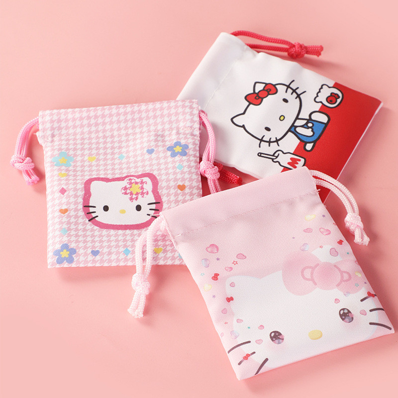 Sanrio HelloKitty HelloKitty ครบรอบ50ปีกระเป๋าเก็บเชือกรูดกระเป๋าเก็บของจิปาถะถุงผ้าขนาดเล็กแบบพกพา