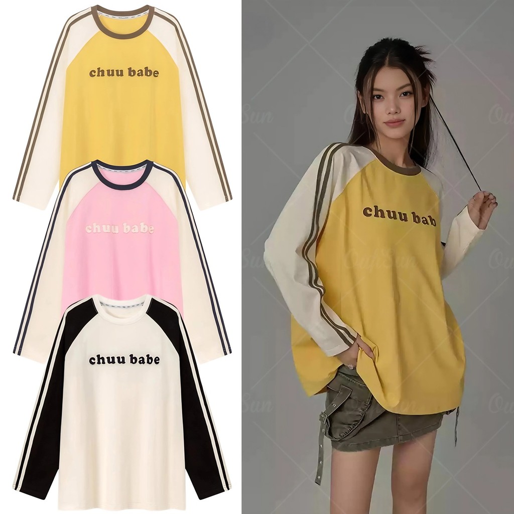 เสื้อยืดแขนยาว Raglan สไตล์เกาหลีสําหรับผู้ชายและผู้หญิง เสื้อยืดคอกลมจับคู่สี Unisxe Oversize เสื้อหลวม Hottrend 2024