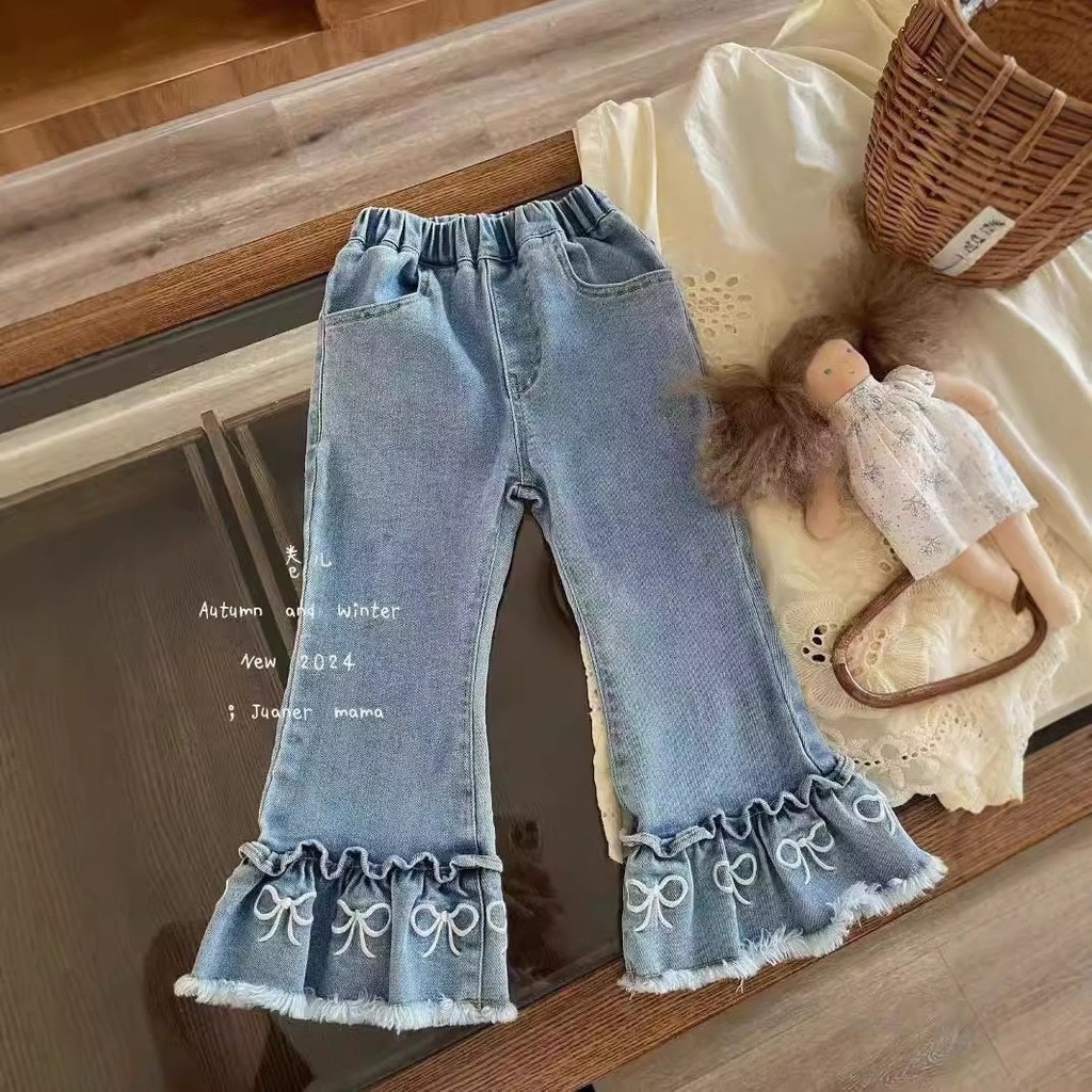PRETTY BABY พร้อมส่ง กางเกงยีนส์เด็กผู้หญิง กางเกงขาม้า ปักลวดลาย(1321)